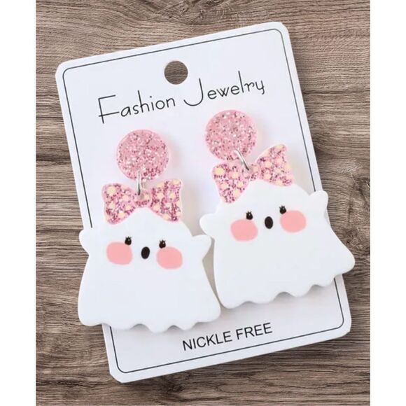 NWT Acrylic Pink Sparkly Bow White Ghost Halloween Dangle Earrings - Picture 1 of 7
